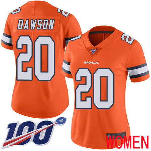Women Denver Broncos #20 Duke Dawson Limited Orange Rush Vapor Untouchable 100th Season Football NFL Jersey->denver broncos->NFL Jersey